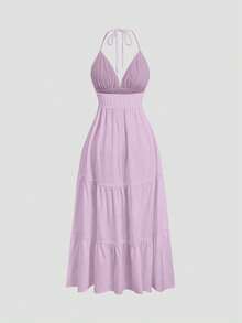 Sweetra Embroidered Lace-Up Waist Midi Dress - Purple - View 2