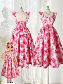 DreamSkyne Plus Size Women's Fashionable Spring/Summer French Romantic Retro Elegant Floral Print Dress Gym Brown - Pink - View 3