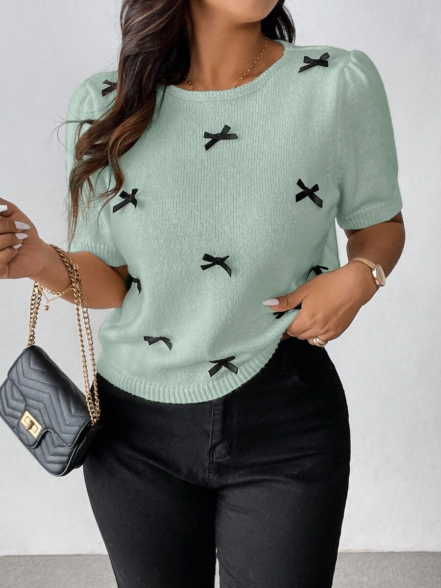 Vionelle Minimalist Sweet Casual 3D Bow Round Neck Knitted Plus Size Sweater Boutique Tops For Women Blouse For Women Casual Elegant Latest Tops For Women New Arrivals Premium Tops For Women Trending Tops For Women Cute Tops For Women Casual Tops For Women Butterfly Top For Women Business Casual Women Tops Clothes For Ladies - Mint Green - View 1