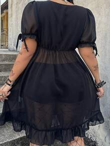 Whyspr Chiffon Ruffled Collar Sheer Cute Dark Tone Dress - Black - View 2