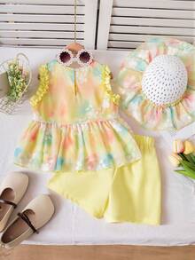 Bộ 3 món cho bé gái mùa hè, áo không tay và quần short xếp ly, vải chiffon thêu, trang phục nghỉ mát ngọt ngào kèm mũ. - Màu vàng - Xem 2