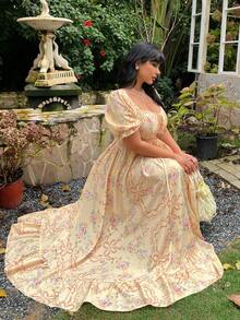 Lyrianda Vestido largo con cuello cuadrado, mangas con pétalos, decoración de ojales y lazo, con bajo asimétrico con volantes y estampado floral para mujer - Multicolor - Ver 7