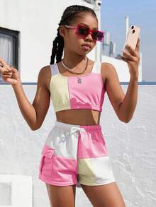Tween Girl Contrast Color Cropped Tank Top And Shorts 2 Pieces Casual Set - Multicolor - View 4