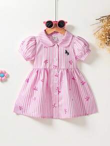 SHEIN Playful Pals 女婴夏季新款休闲时尚学院风条纹蝴蝶结印花花瓣袖衬衫裙，适合日常优雅度假穿着 - 粉色 - 查看 3