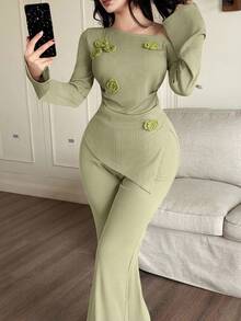 Feyla Women's Solid Color Asymmetric Shoulder Flare Sleeve Cinched Waist Asymmetrical Hem 2 Pieces Set With 3D Floral Decor - Green - View 7