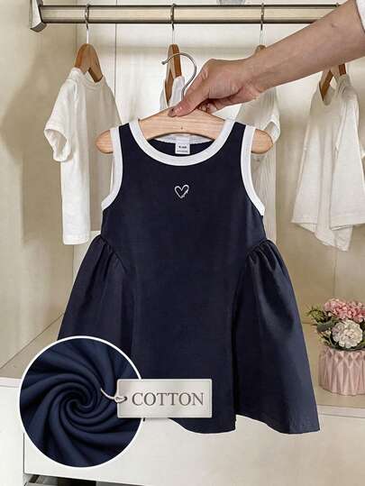 Souflis Souflis 女婴/幼儿藏蓝色运动休闲针织拼接连衣裙，不对称撞色设计，适合夏季玩耍、居家、度假穿着，甜美可爱