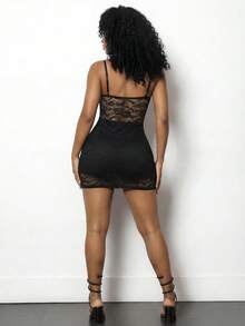 BamGleam 女士时尚性感蕾丝吊带紧身迷你连衣裙 - 黑色 - 查看 2