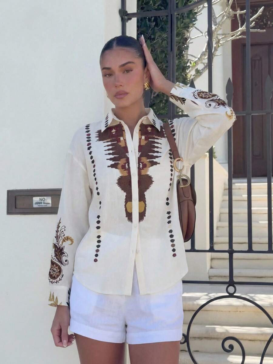 Lumalex 女式休闲度假风格刺绣佩斯利图案落肩宽松长袖衬衫，春秋