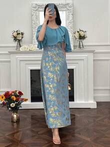 Modelyn Women's Elegant Summer Long Cape Dress,Royal Blue Floral Foil Print Pleated Gown,Wedding Guest Outfit,Zanea - Blue - View 3