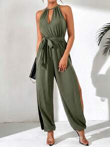 Breezaya Spring & Summer Deep V-Neck Elastic Waist Tie Strap Side Slit 3/4 Length Jumpsuit - Army Green - View 3