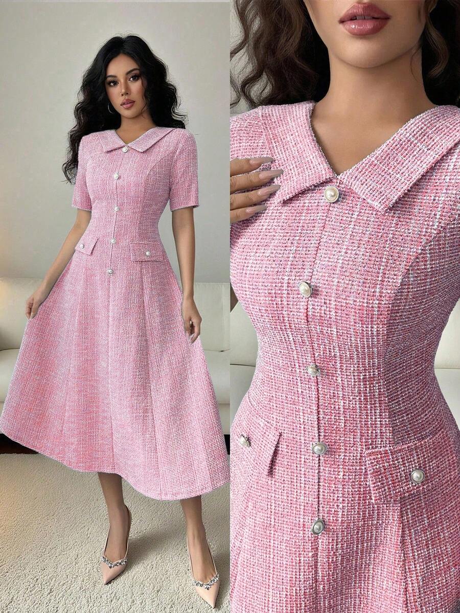 Elenzga Đầm midi nữ chất liệu vải dệt họa tiết, cổ áo, dáng chữ A, thắt eo, trang trí cúc giả ngọc trai kim loại, thiết kế túi thanh lịch, chất lượng cao cấp, thích hợp cho sinh nhật, hẹn hò, tiệc tùng, sự kiện trang trọng, tiệc cocktail, lễ hội âm nhạc, ngày Valentine, lễ hội hóa trang, tay ngắn. - Hồng - Xem 1