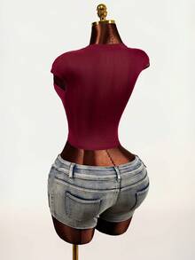 Mistrie Women's Rhinestone Letter Pattern Round Neck Cap Sleeve Fitted T-Shirt - Burgundy - View 2