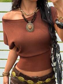 SHEIN EZwear 女士休闲度假通勤纯色不对称领蝙蝠袖宽下摆露脐针织上衣，夏季 - 鏽棕色 - 查看 7