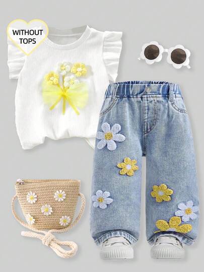 SHEIN Baby/Infant Girls' Fashion Snowflake Distressed Embroidered Flare Pants Baby GirlFashionable Vintage Floral Embroidered Blue Denim Skinny Jeans Toddler Jean With Flowers Babygirl Jeans Cozy Baby Black Pants Baby Jeans Pants Girls Baby Denim Pants