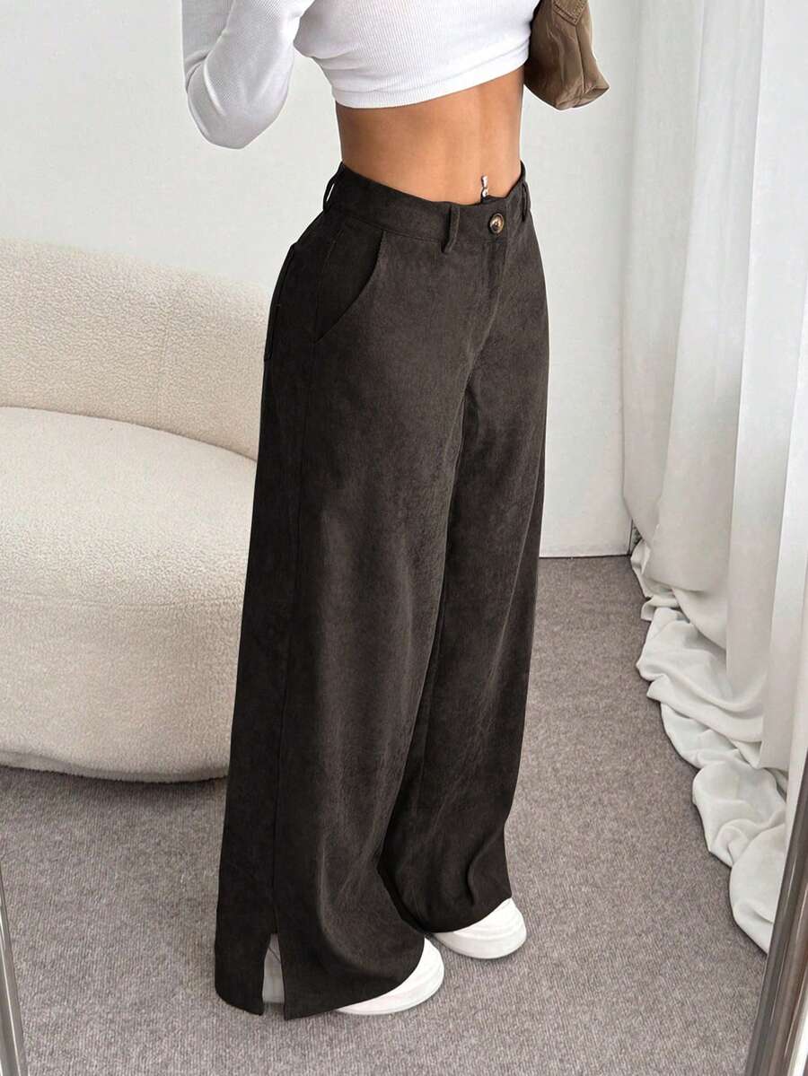 SHEIN Unity Calça Palazzo Feminina Casual, Corte Reto e Solto com Fenda Lateral, em Veludo Cotelê Leve, Ideal para o Verão. - Castanho Café - Ver 1