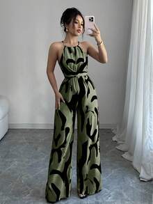 Elenzga 女士印花面料收腰连体裤，优雅百搭，适合度假和日常穿着 - 軍綠色 - 查看 5