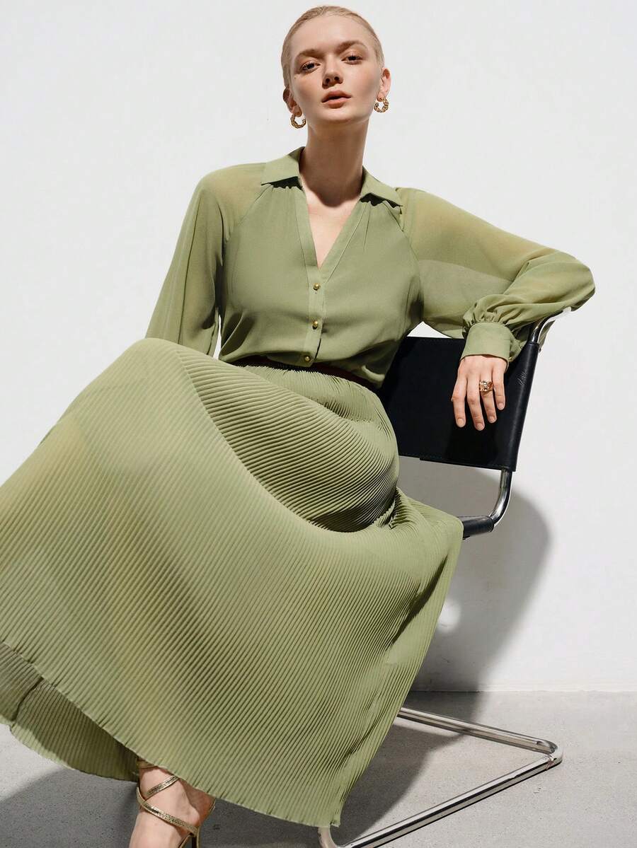 Aveloria Modichic Elegant & Chic V-Neck Collared Long Sleeve Dress With Metal Button Waist Decor And Pleated Hem, Versatile For Work And Everyday Wear - Green - View 1