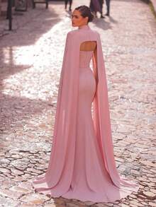 Aureia Đầm dạ hội màu hồng satin thanh lịch, lãng mạn, thời trang, trang nhã, hơi co giãn, đính đá lấp lánh, dáng đuôi cá, thích hợp cho tiệc tùng, đám cưới hoặc các dịp trang trọng khác. - Màu Hồng baby - Xem 3