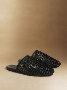 Rosivie 女士新款时尚编织镂空平底方头乐福鞋 - 黑色 - 查看 3
