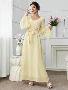 Yasmyna V-Neck Front Embroidered Bubble Pearl Flare Sleeve Dress, Arabic Style - Yellow - View 7