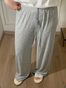 Dazy Plus Ditsy Floral Tie-Front Slim Fit Straight Leg Pajama Bottoms - Light Grey - View 5