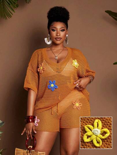 Maweii Two Pieces Set, Orange Cutout Women's Suit For Beach Vacation, Short-Sleeved Deep V-Neck, Loose And Casual, Mini Slim-Fit Shorts, Sexy