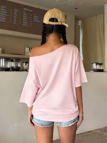 Jouncy 女士字母印花露肩休闲百搭日常穿搭T恤 - 粉色 - 查看 2