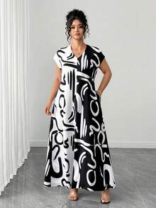 Vestido Largo Talla Grande Cuello V Manga Corta Estampado Contraste  Perfecto para Citas y Fiestas Casuales - Blanco y Negro - Ver 4
