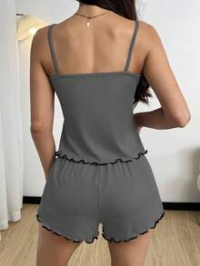 SHEIN 简约紫色罗纹休闲家居服，适合居家休闲或睡眠穿着 - 霧霾藍 - 查看 2