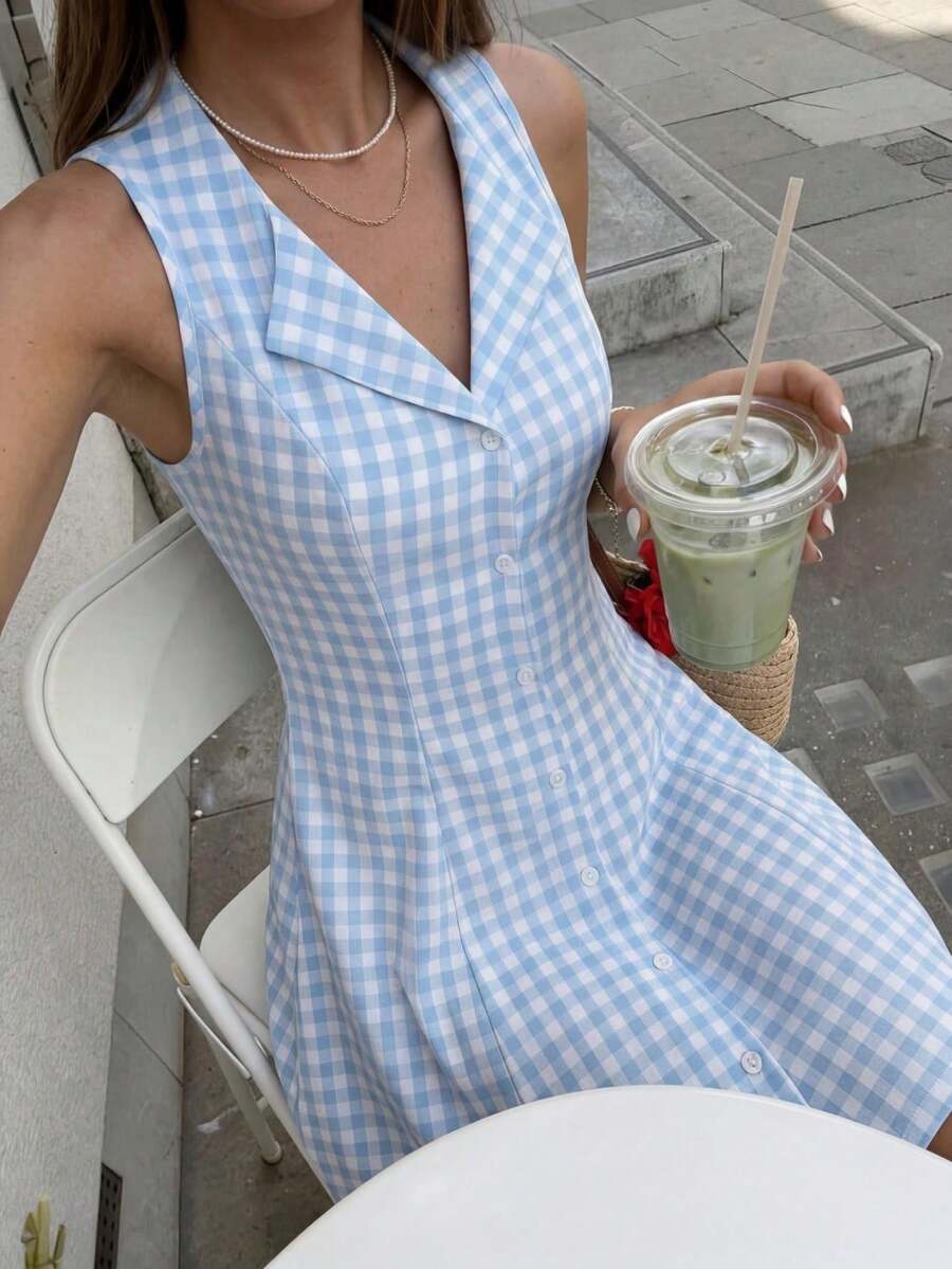 Pariaura 女士无袖格子前开襟简约连衣裙 - 藍色 - 查看 1