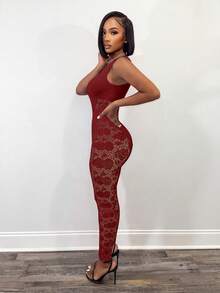 BamGleam 女士镂空设计无袖连体裤 - 酒紅色 - 查看 4