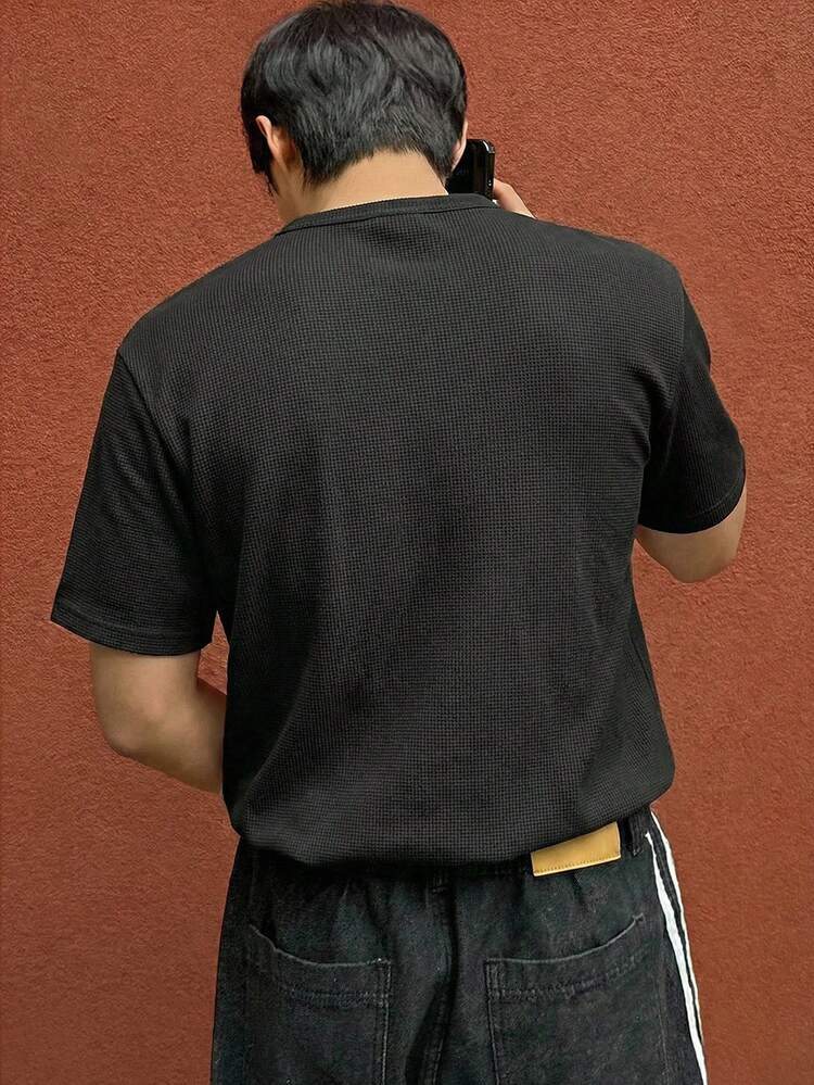 Men's Textured Solid Color Basic Half-Zip Short Sleeve T-Shirt Summer