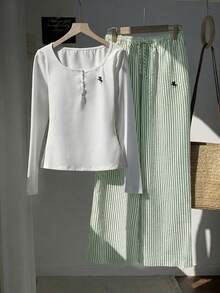 Conjunto de 2 piezas de : camiseta de manga corta con cuello redondo y pantalones cortos estampados casuales, color marrón vintage con cordón ajustable - Verde - Ver 3