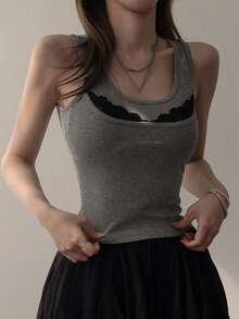 DAZY Women's Contrast Lace Spaghetti Strap Camisole, Fitted Sexy Cami Top - Grey - View 4