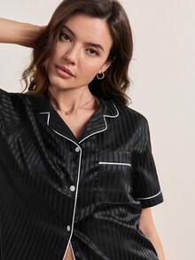 Lapel Collar Contrast Binding Satin Blouse & Shorts PJ Set / Pajama Set - Black - View 7