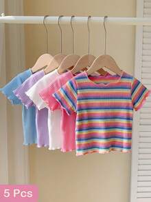 SHEIN Set de 5 piezas de blusas con volantes para niñas bebés, para primavera/verano - Multicolor - Ver 9