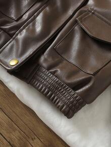 Genkimix Kids 年轻女孩宽松休闲夹克，时尚街头风格仿皮大衣 - 咖啡棕 - 查看 8