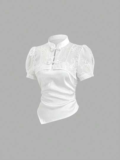 Sweetra 法式优雅新款中式风格二合一设计时尚纹理衬衫，立领设计，缎面面料，优雅修身休闲夏季度假女式衬衫