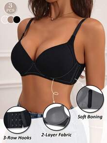 NudeFit 3pcs Women's Solid Casual Comfortable Ribbed Fabric Wire-Supported Lift & Instantlift Bra - Multicolor - View 4
