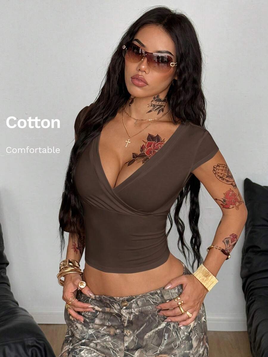 Coolane 女士夏季街头风复古极简休闲朋克棉质弹力V领白色T恤 - 卡其色 - 查看 1