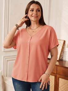 Rosumi Plus Size Women's Orange Button Embellished Short Sleeve Shirt For Spring - Watermelon Pink - View 1