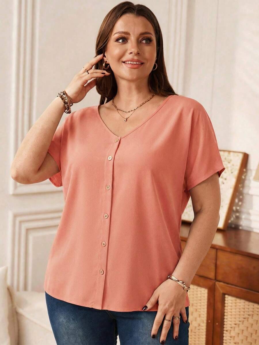 Rosumi Plus Size Women's Orange Button Embellished Short Sleeve Shirt For Spring - Watermelon Pink - View 1