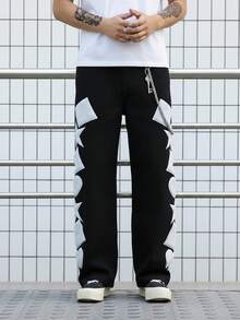 Manfinity EMRG New Geometric Embroidery Straight Slim Fit Black Denim Jeans, Spring/Summer - Black - View 3