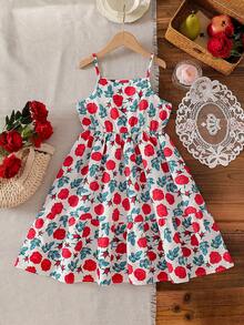 Vintaside Kids Girls' Summer Sleeveless Dress, Red Rose Print Loose Strap Dress, Tween GirlsSweet Vacation Dress - Multicolor - View 2