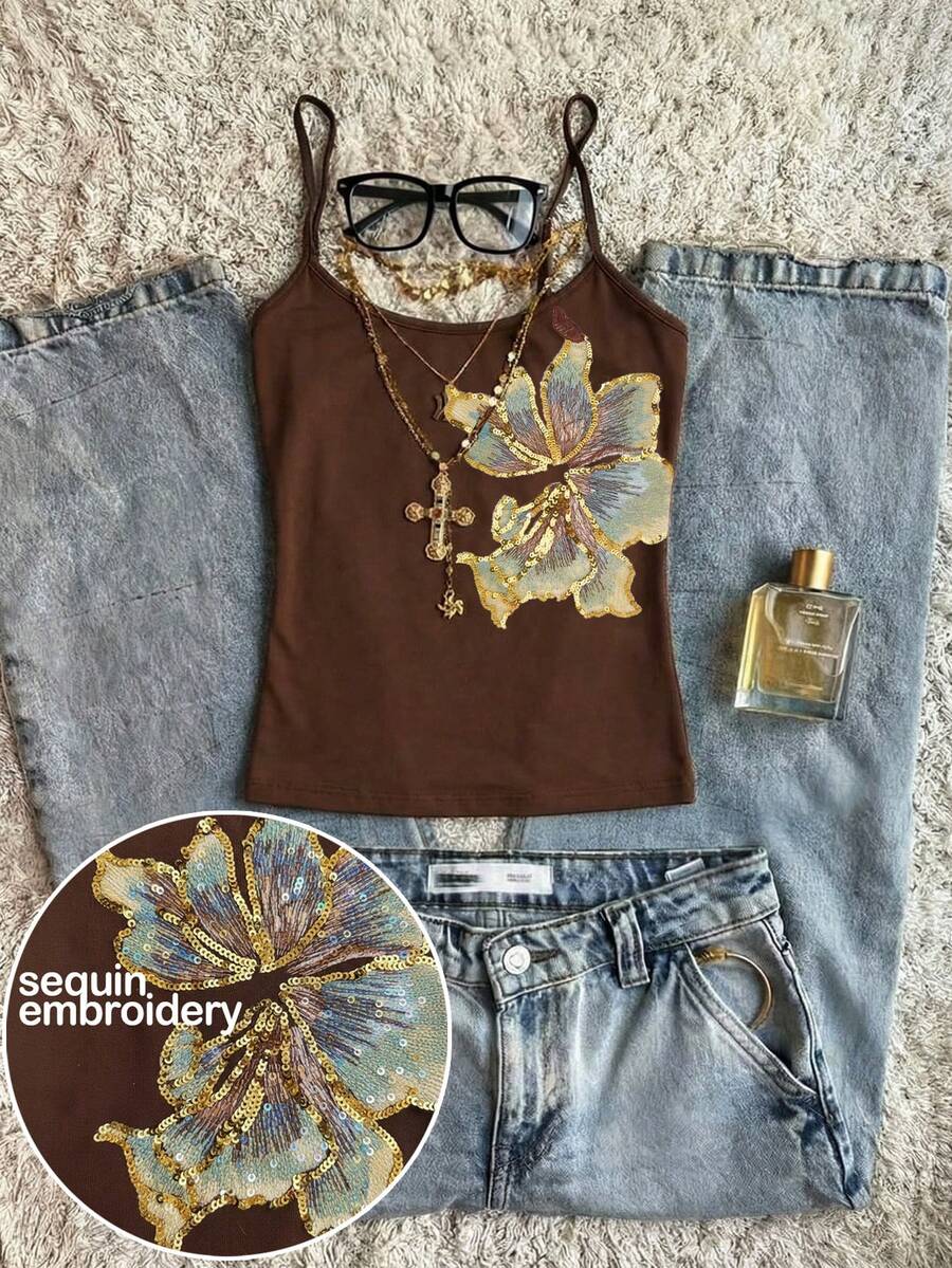 SHEIN EZwear Áo hai dây màu nâu xanh dương, đính cườm, thêu kim sa, phong cách tối giản, bohemian, thanh lịch, lãng mạn, cổ điển, thích hợp cho các lễ hội âm nhạc, đi biển, du lịch, dã ngoại mùa hè. - màu nâu - Xem 1