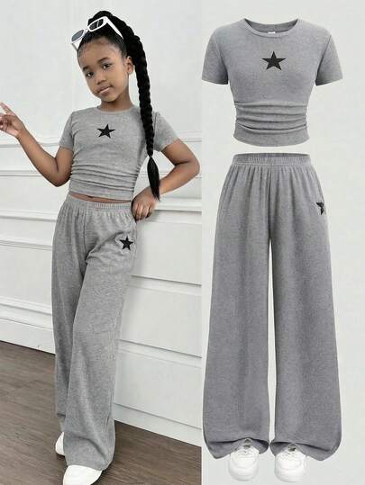 SHEIN Tween Girls Star Print T-Shirt & Leggings 2 Pieces Set, Casual Daily Fashion Versatile