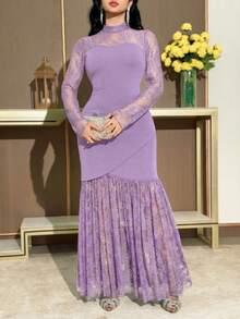 Modelyn Women's Contrast Lace Stand Collar Long Sleeve Fishtail Hem Elegant Dress - Mauve Purple - View 4