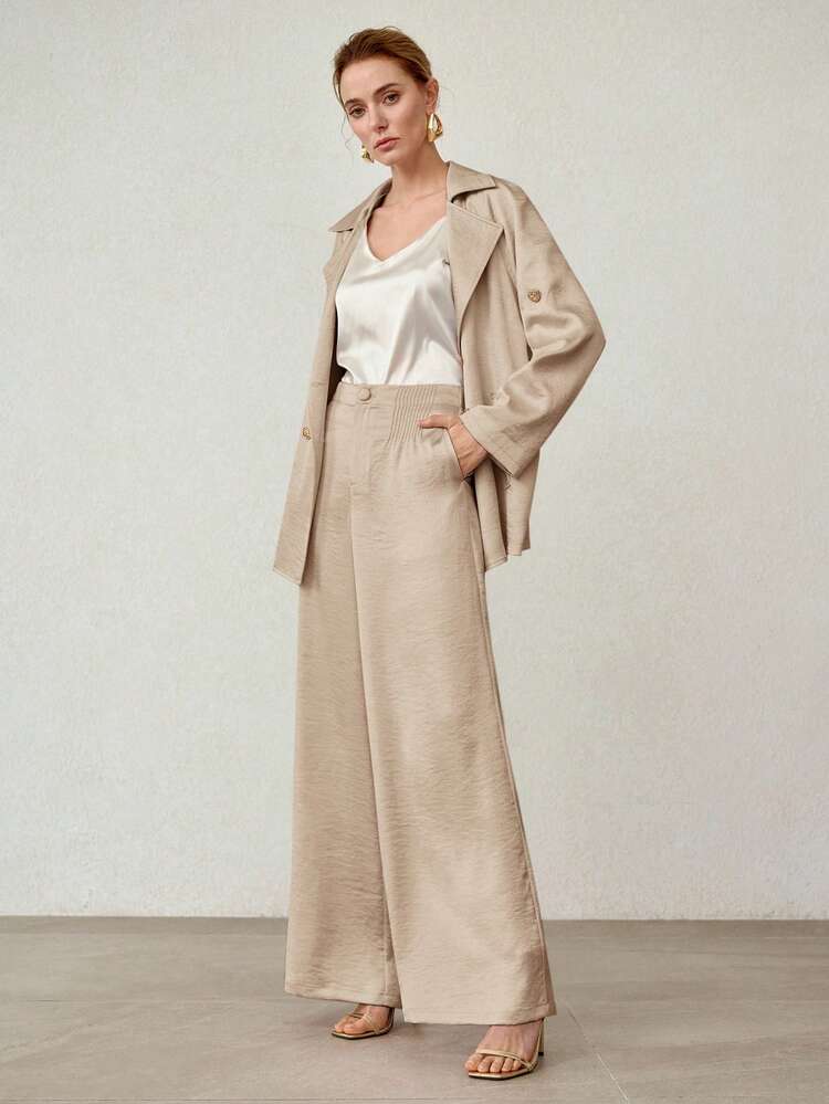 ELEGANT MINIMALIST WIDE-LEG SATIN STRIPED WAISTBAND PANTS, SPRING/SUMMER