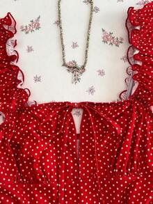 Elamini Áo thun nữ cổ vuông tay bồng in chấm bi đỏ, ôm sát, hở lưng, thích hợp cho mùa xuân/hè, đi nghỉ mát, đi biển, thanh lịch, ngọt ngào, dễ thương, cổ điển, dạo phố, hẹn hò, tối giản, đi làm, đa năng. - Đỏ - Xem 7