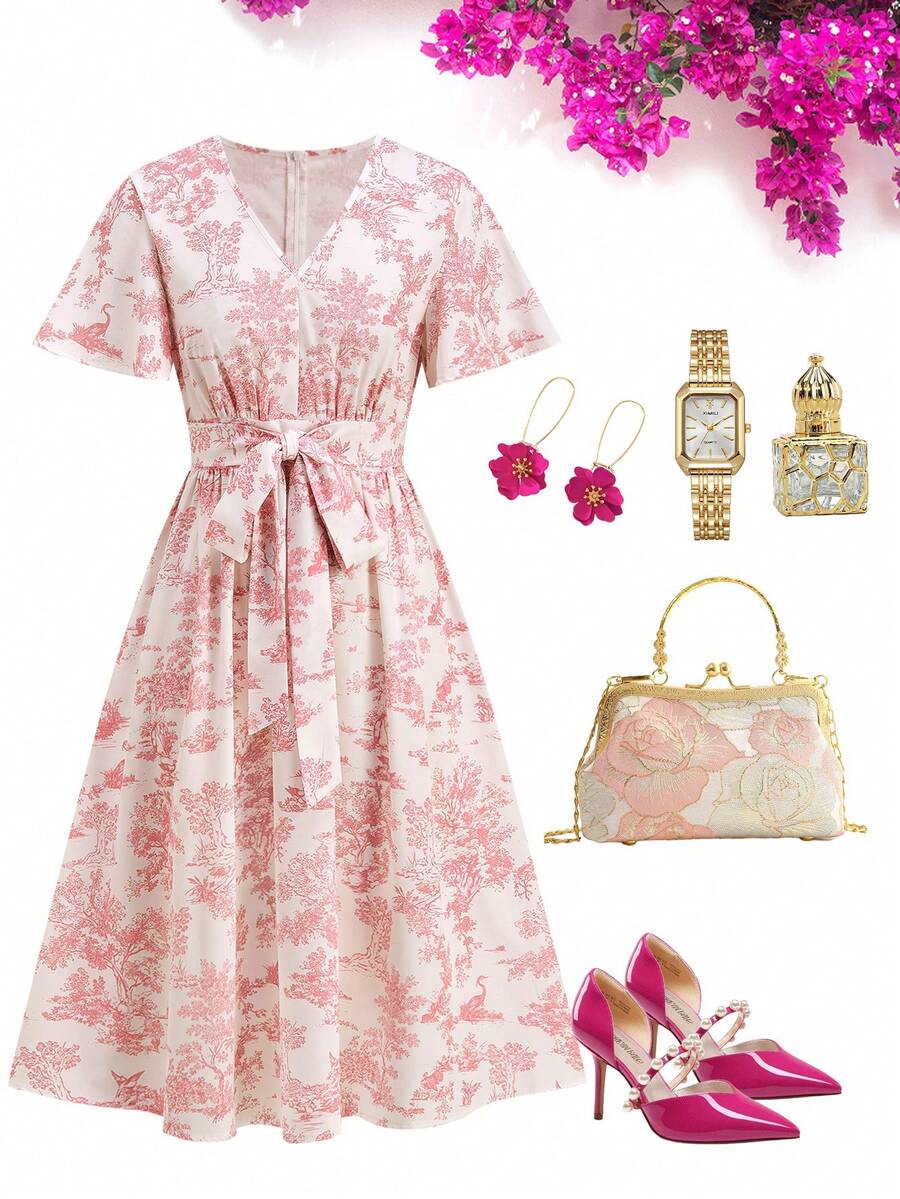 Ellevyn V-Neck Tie-Waist Pink Dress - Coral Pink - View 1